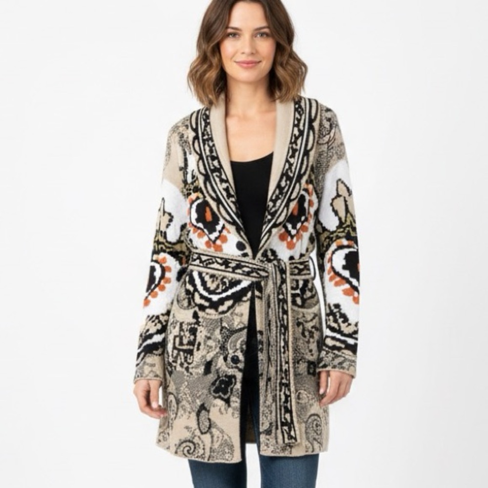 Aldo Martins Intarsia Knit Wool Button Front Sweater Cardigan Belted Size 8 - Picture 1 of 7